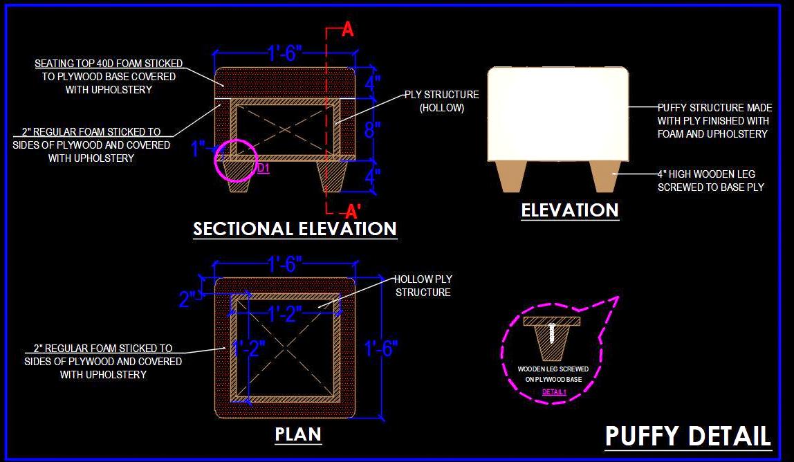 Ottoman and Pouf CAD Block Detailed Furniture Drawing